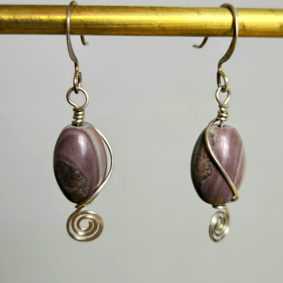 Vintage Silver Tone Purple Nature Gemstone Handmade Swirl Earrings - Picture 9 of 11
